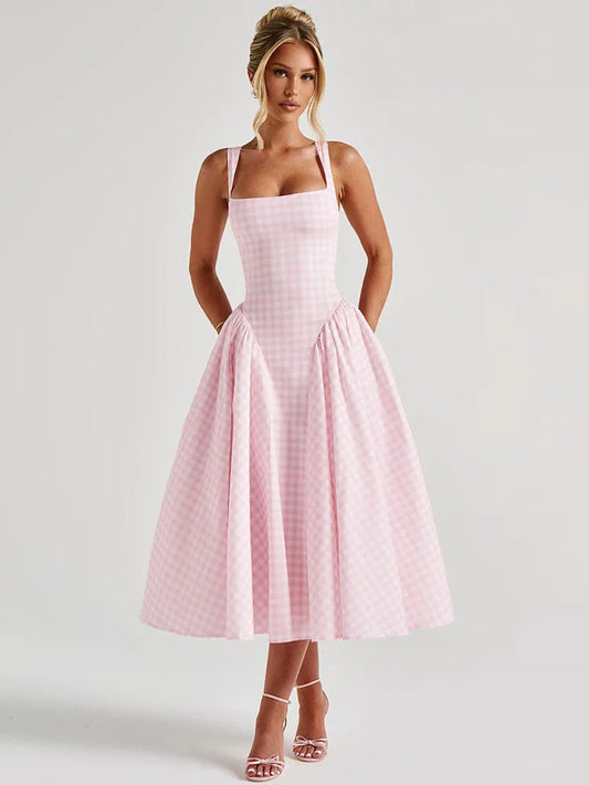 Mozision Plaid Printed Maxi Dress For Women Gown Summer New Spaghetti Strap High Waist A-line Backless Club Long Dress Vestido