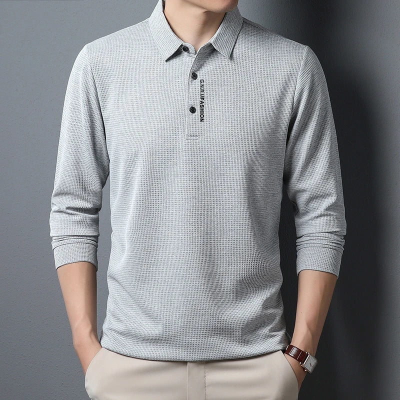 Waffle Knit Long‑Sleeve Polo Shirt