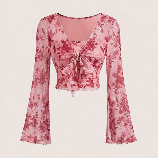 Summer Women's Y2k Floral Printed Sweet V-Neck T-shirts Mesh Beach Party Dress Top Flare Sleeve Square Collar Lace Up Shirt 2025