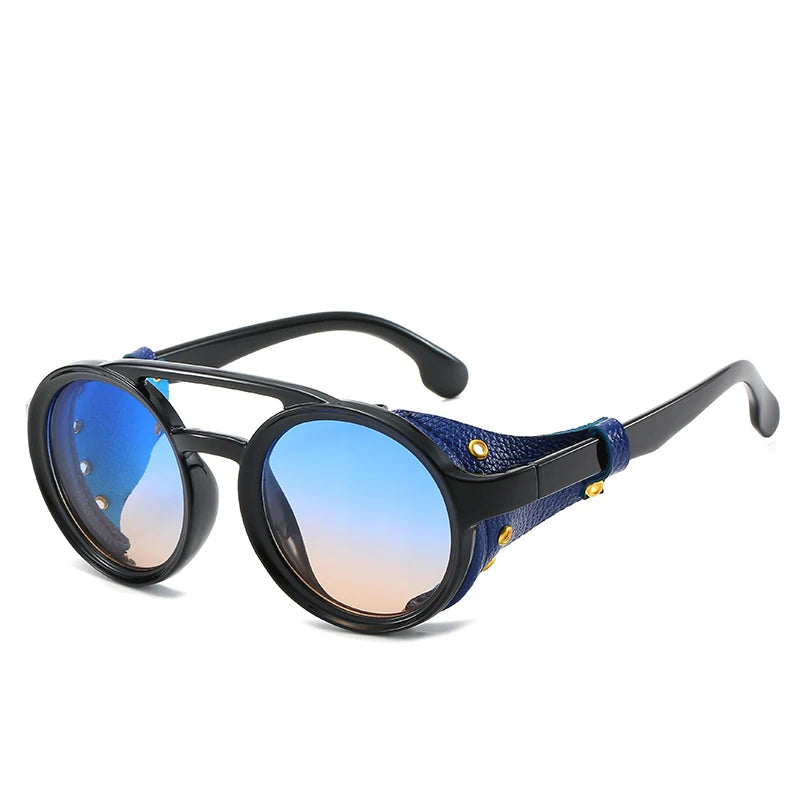 Steampunk Shields Sunglasses Men Women Classic Sun Glasses With Side Leather Round Eyewears Punk UV400 Lens