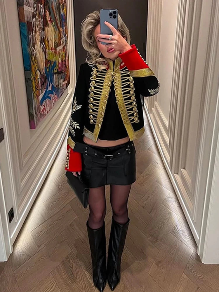 Napoleon Golden Short Jacket Women Vintage Stand Collar Long Sleeve Cropped Jackets 2026 Spring New Lady Outwear High Street