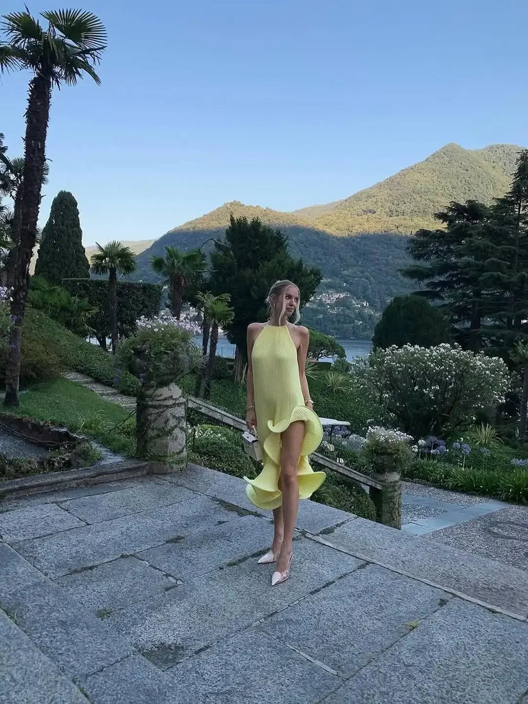 Women Romantic Yellow Halter Maxi Dress Ribbed Knit Ruffled High-slit Slim-fit Vestido 2026 Lady New Spring Trendy Fashion Robes