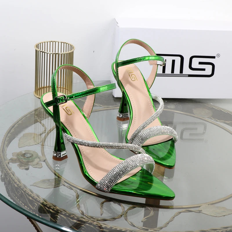 Luxury elegant green shoes 2025 summer new high heels fashion Joker fashion fairy sandals Rhinestone buckle with women's shoes