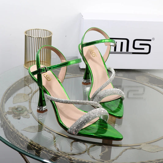 Luxury elegant green shoes 2025 summer new high heels fashion Joker fashion fairy sandals Rhinestone buckle with women's shoes