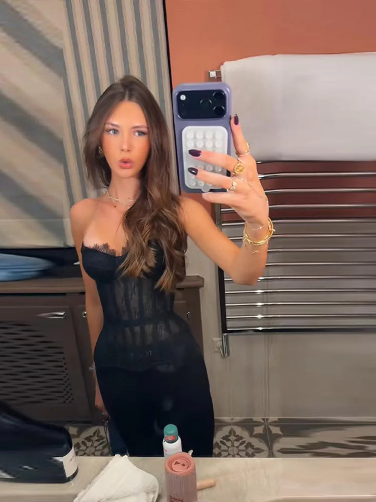 Transparent Lace Fishbone Lace Up Tube Tops Women Sexy Strapless Sleeveless Backless Hollow Out Sheath Top Spring Lady Clubwear