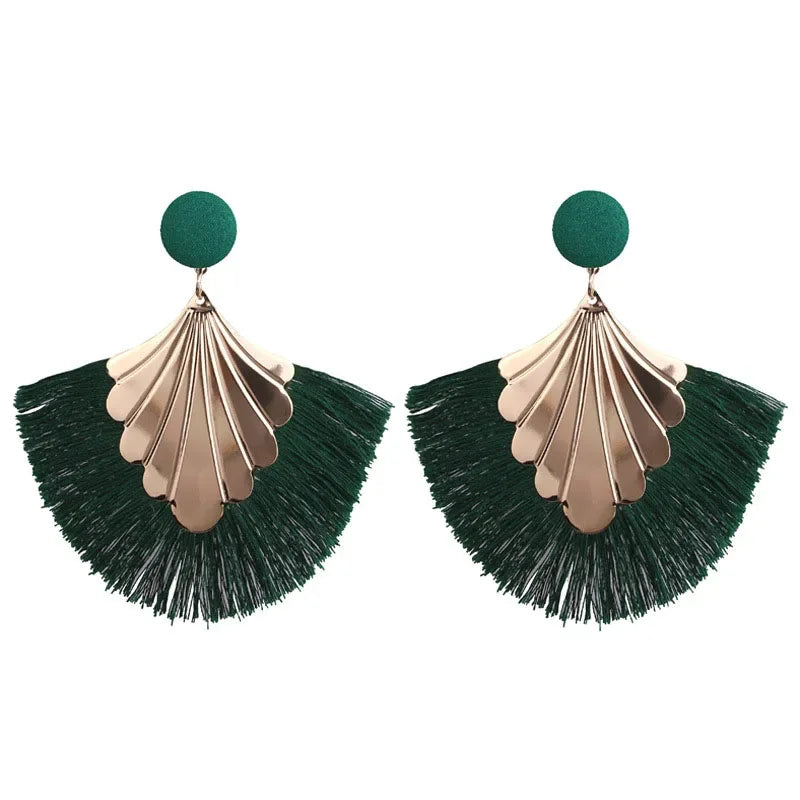 FSUNION 2025 New Bohemia Fan Shaped Tassel Earrings For Women Exaggerated Big Statement Fringed  Vintage Dangle