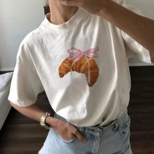 Coquette Croissant Cotton Tee with Pink Ribbon Bow Printed Women's Trendy Style Casual Women's Round Neck Clothing White Top