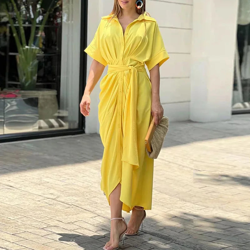 New 2025 Spring Summer Bohemia Shirt Print Dresses Women Turn-down Collar Sashes Long Dress Casual Party Oversized Loose Dress