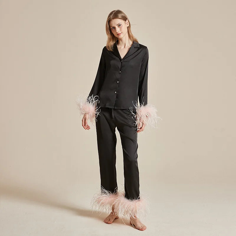 luxury feather‑trim satin pajama set