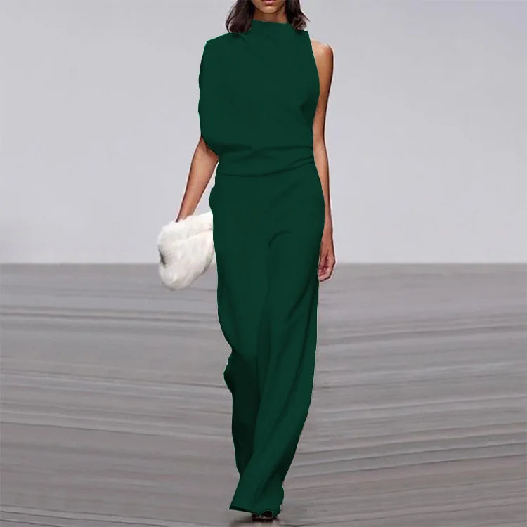 Solid Color Irregular Sleeveless Jumpsuits Women Fashion Temperament Sexy Backless Folds Slightly Flared Jumpsuit Female 2025