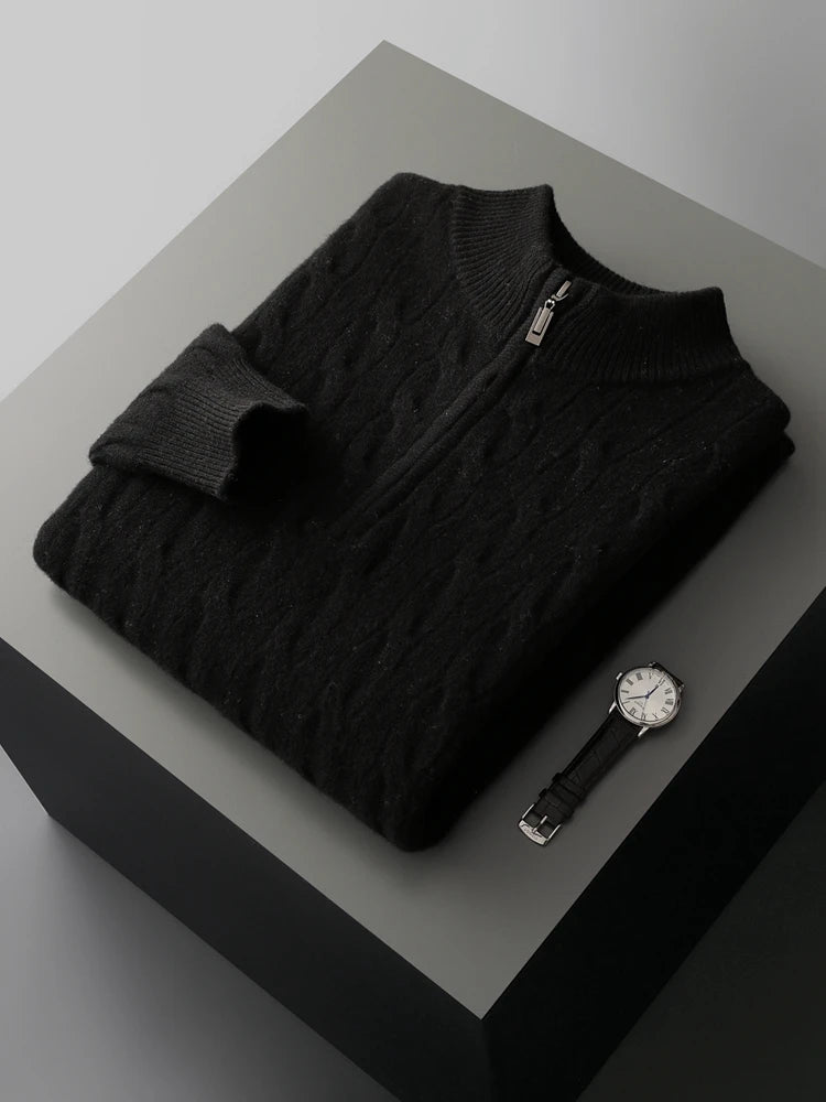 Autumn Winter Men Half Zippers 100% Merino Wool Sweater Thicken Twist Flower Pullover Retro Casual Cashmere Knitwear Solid Tops