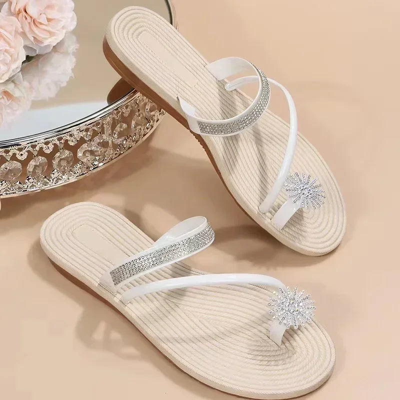 Women’s Luxury Rhinestone Flat Sandals — Summer Fashion Beach Slippers Designer‑Inspired Shoes
