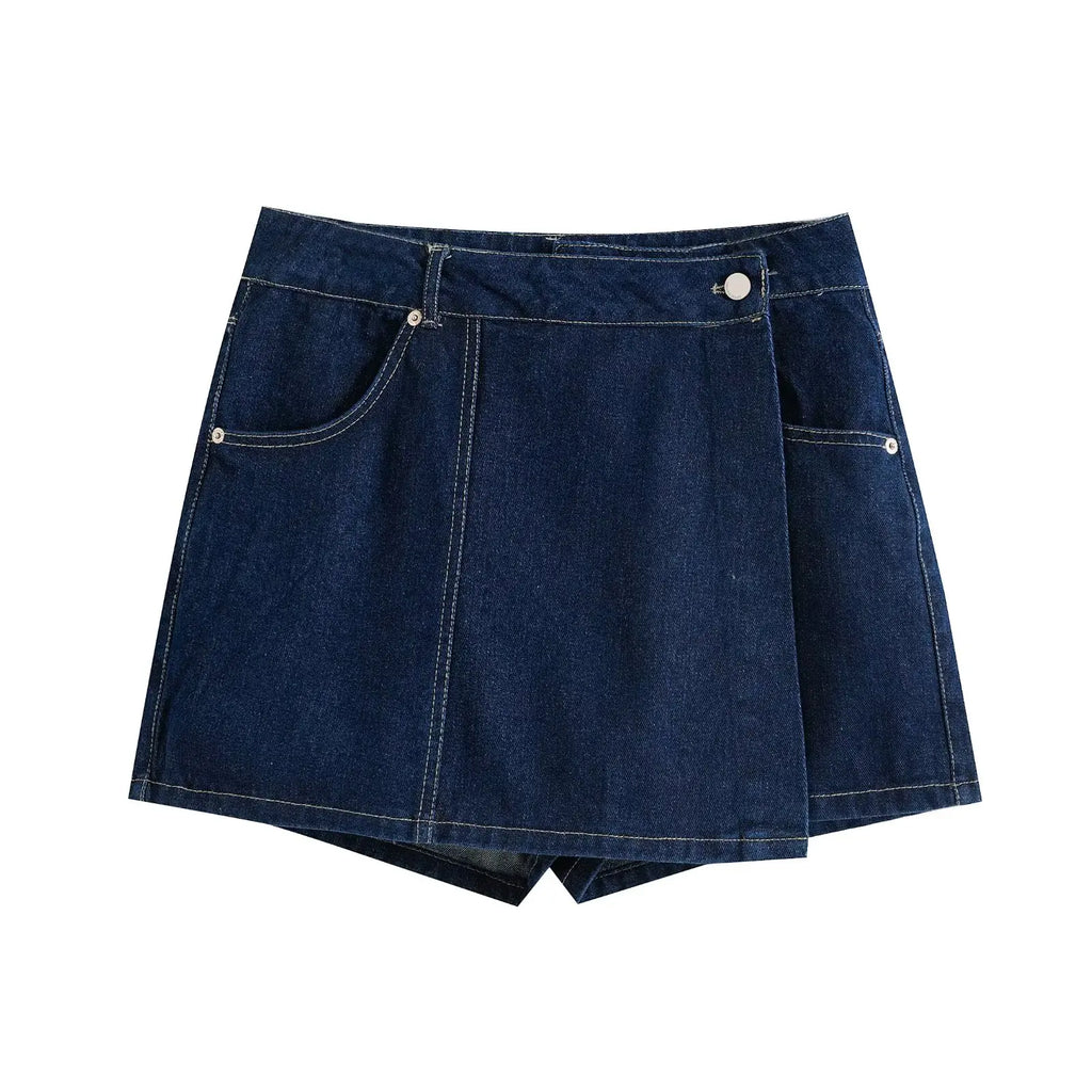 ETJ 2025 TRAF Spring New 1975 collection women's short sleeve lapel denim shirt & asymmetrical high waist denim culottes