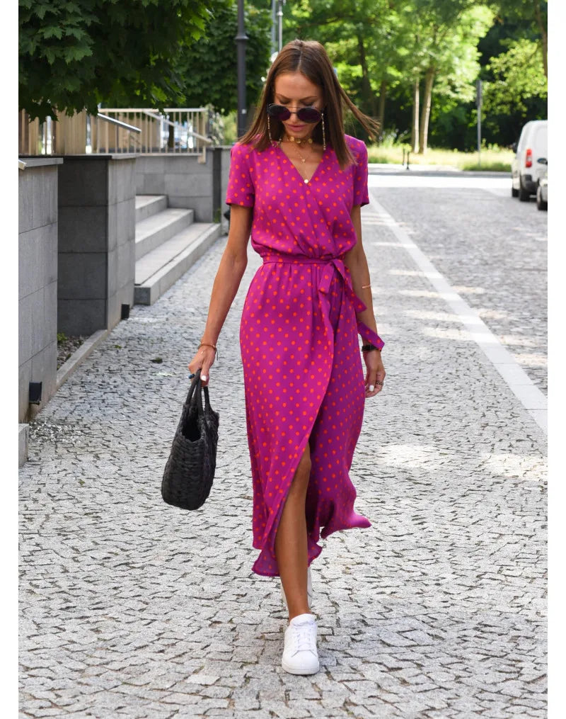 Summer Polka Dot Split Hem Long Dress Women 2023 New Fashion V Neck Print Sundress Vestidos Short Sleeved Waisted Lace-up Dress