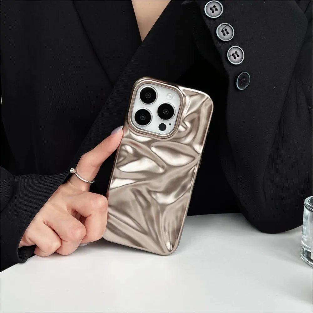 Luxury Matte Silver Water Ripple Phone Case For iPhone 16 15 14 Plus 13 12 Pro Max 11 Creative Frosted Wrinkle Shockproof Cover