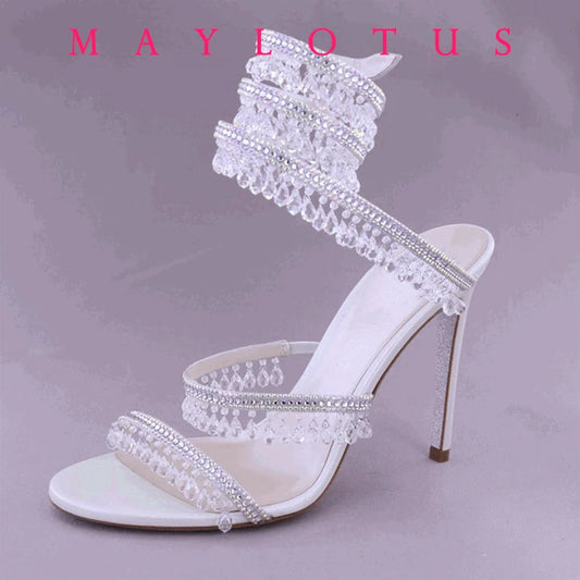 2025 Spring/Summer New Water Diamond Jewel Wrist Wrapped Snake-shaped High Heel Sandals Sexy Large Size Shoe Girl Women Sandals