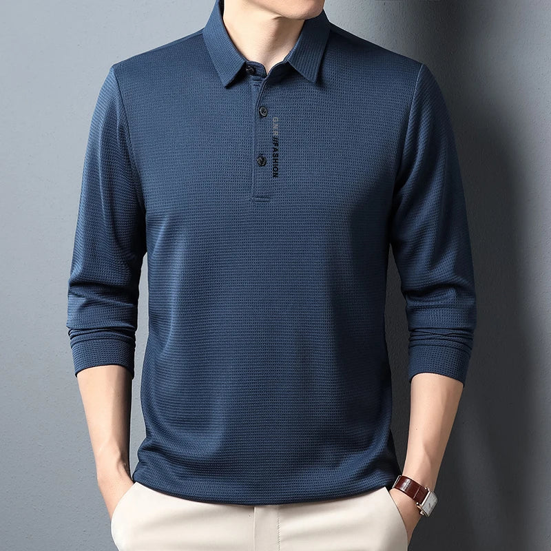 Waffle Knit Long‑Sleeve Polo Shirt