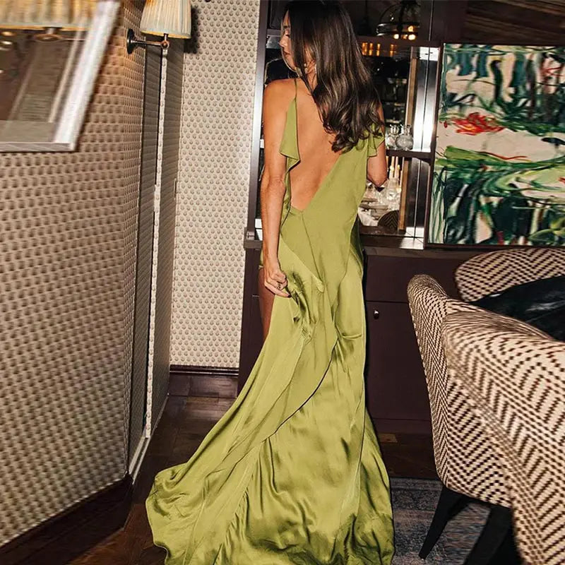 Fashion Satin Ruffles Sling Maxi Dress For Women Elegant Side Split Long Dress 2025 Sexy Backless Sleeveless Club Female Vestido