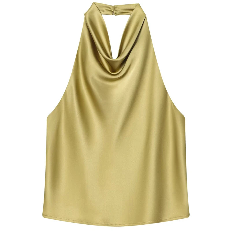 Women’s Satin Halter Backless Corset Top – Elegant Summer Sleeveless Tank in Yellow, Pink, Black