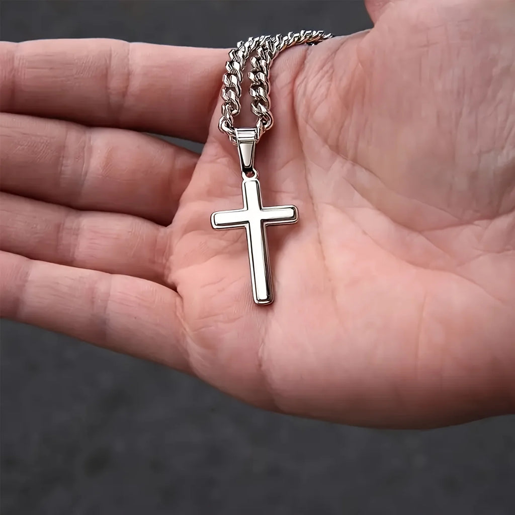 “To My Dad” Cross Necklace – Stainless Steel Cuban Chain with Gift Card & Box