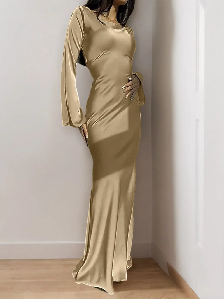 Women’s Bespoke Satin Maxi Dress – Corset Waist Tie, Round Neck & Flared Sleeves | Luxury Evening Gown 2026