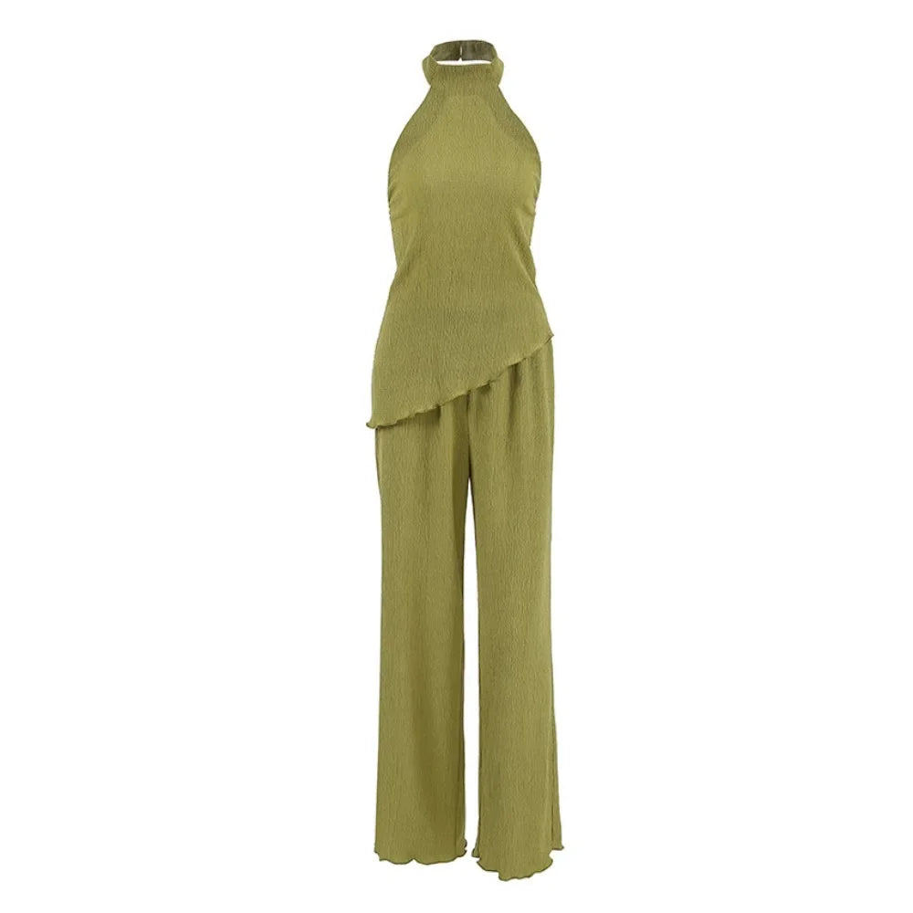 TWOTWINSTYLE Solid Two Piece Set for Women O Neck Sleeveless Top High Waist Wide Leg Pant Temperament Sets Female Fashion