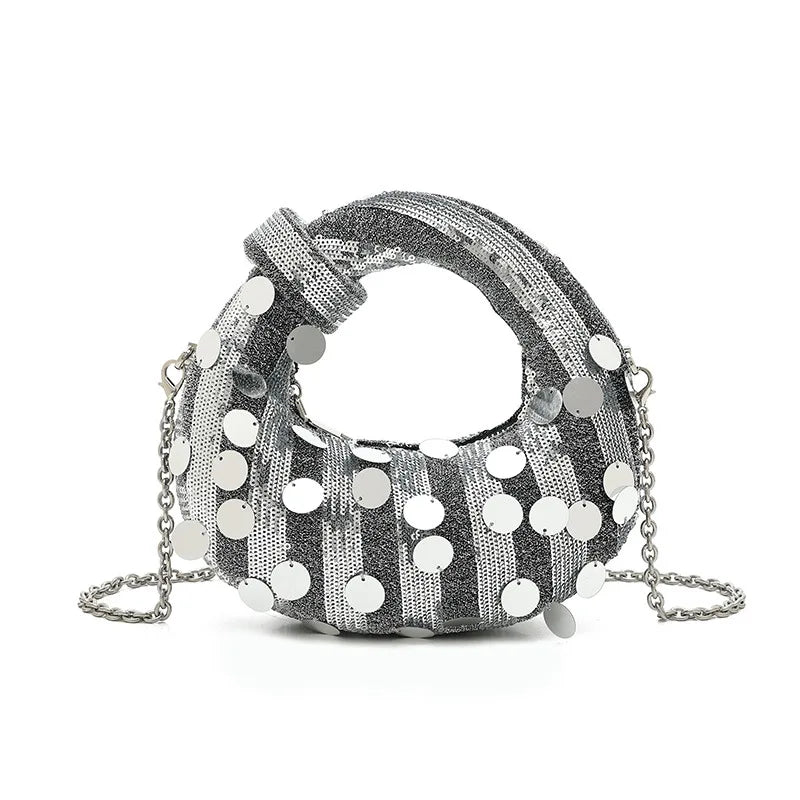 Half Moon Evening Clutch Party Bags For Women Luxury Designer Denim Tassel Rhinestone Handbag Shiny Sequins Chain Shoulder Purse