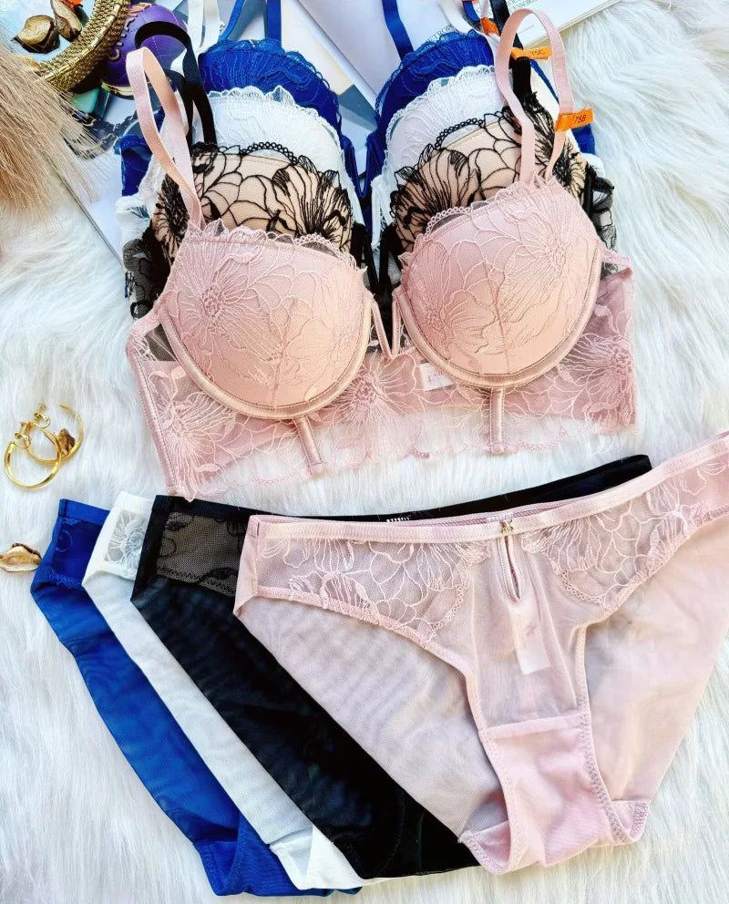 Big Size 70-85 BCD 2025 New Embroidery Deep-V Neck Lingerie For Women Sexy Underwear Thin Thicken Push Up Female Bra Pants Sets