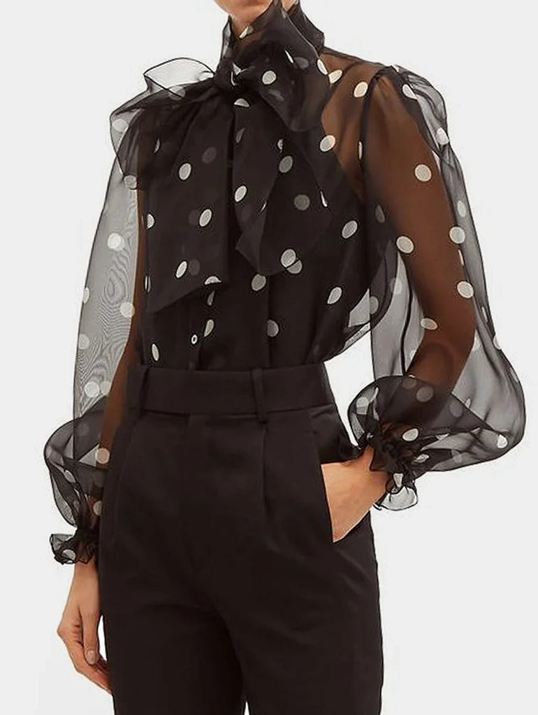 Women's Elegant Lantern Sleeve Shirt Chiffon Transparent Long Sleeve Sweet Lace-up Neck Polk Dot Casual Fashion Autumn Shirts