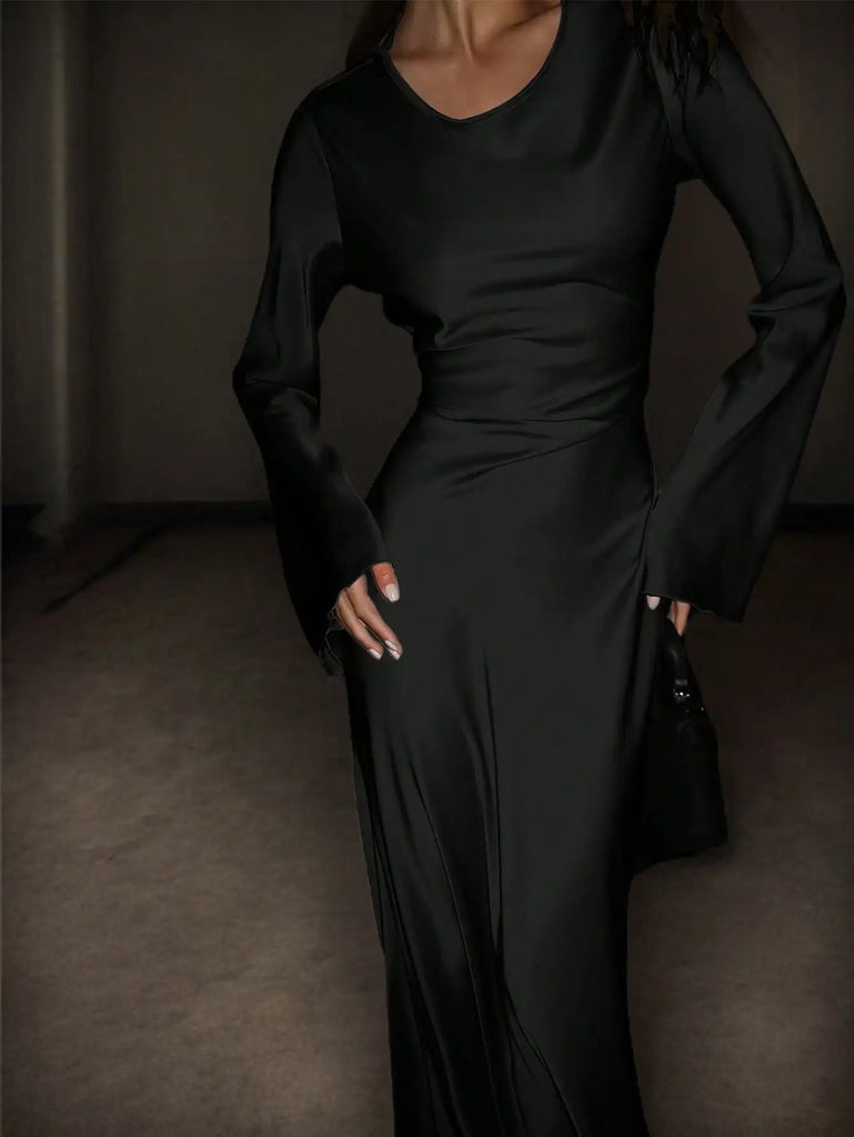 Women’s Bespoke Satin Maxi Dress – Corset Waist Tie, Round Neck & Flared Sleeves | Luxury Evening Gown 2026