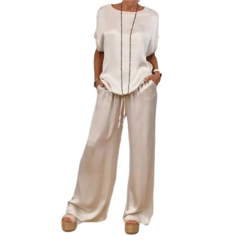 2025 Spring Satin Oversize Women Suit Black V-neck Tops Long Pants Loose Suits Female Summer Casual Trendy Ladies Clothes Sets