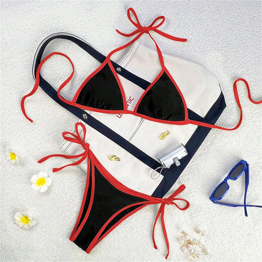 Women’s Vintage Blue Triangle Bikini – Border String Push‑Up Backless Extreme Swimsuit Beach Set