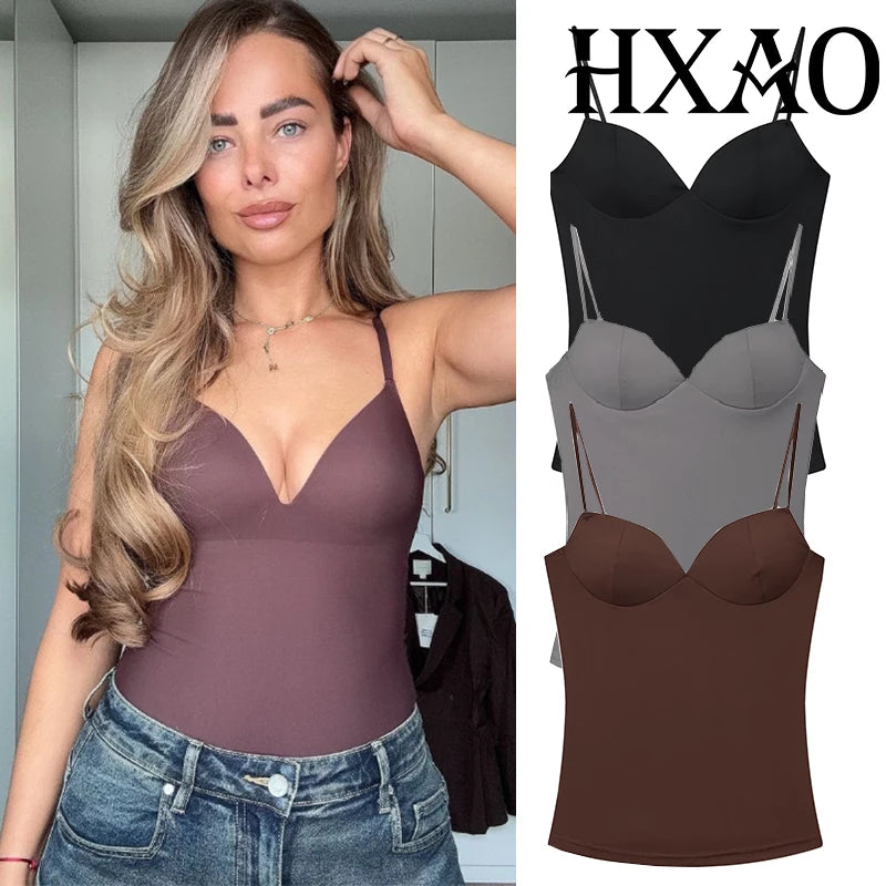 HXAO Women’s Corset Crop Top — Sleeveless Bodycon Bustier Camisole with Straps (Black/Brown)