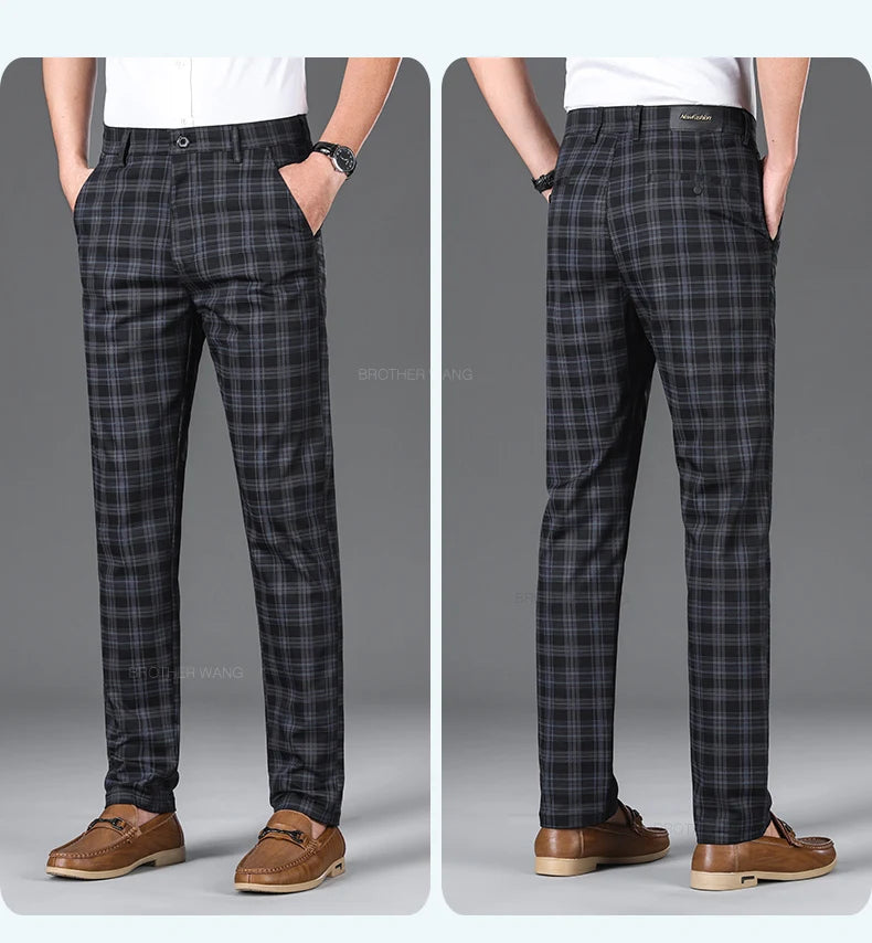 Slim‑Fit Plaid Cotton Pants