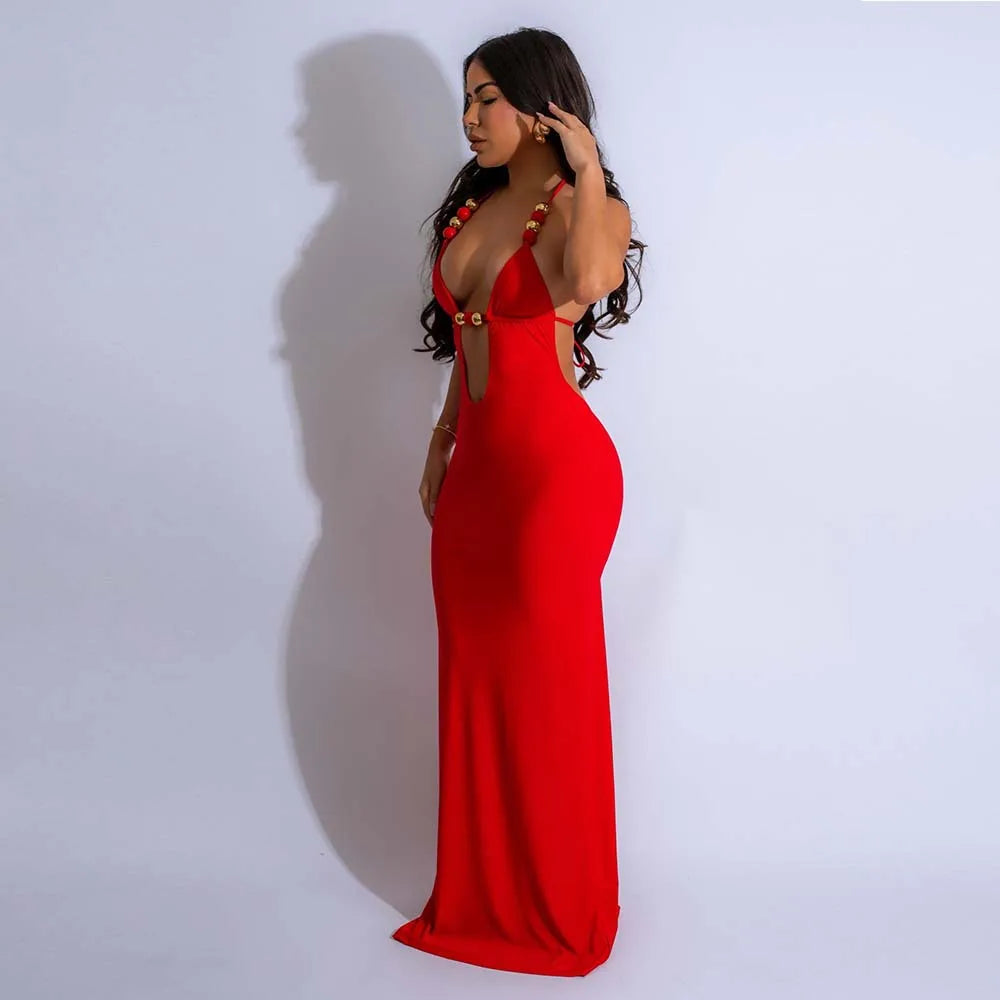 CM.YAYA Women Sleeveless Deep V-neck Halter Long Maxi Dress Summer Backless Beach Sexy Street Evening Night Club Party Dresses