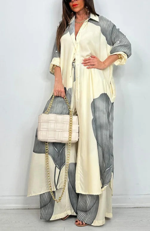 Spring Summer Elegant Lady Set Fashion Printed Long Shirt Top + Wide Leg Pants 2-piece Outfit  Casual Loose Oversized Women Sets