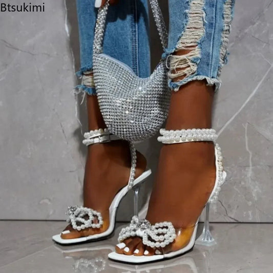 Women’s Gladiator High Heels – Sexy Lace‑Up Beaded Sandals with Butterfly‑Knot | Elegant Summer Party Shoes