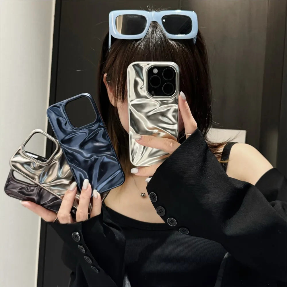 Luxury Matte Silver Water Ripple Phone Case For iPhone 16 15 14 Plus 13 12 Pro Max 11 Creative Frosted Wrinkle Shockproof Cover