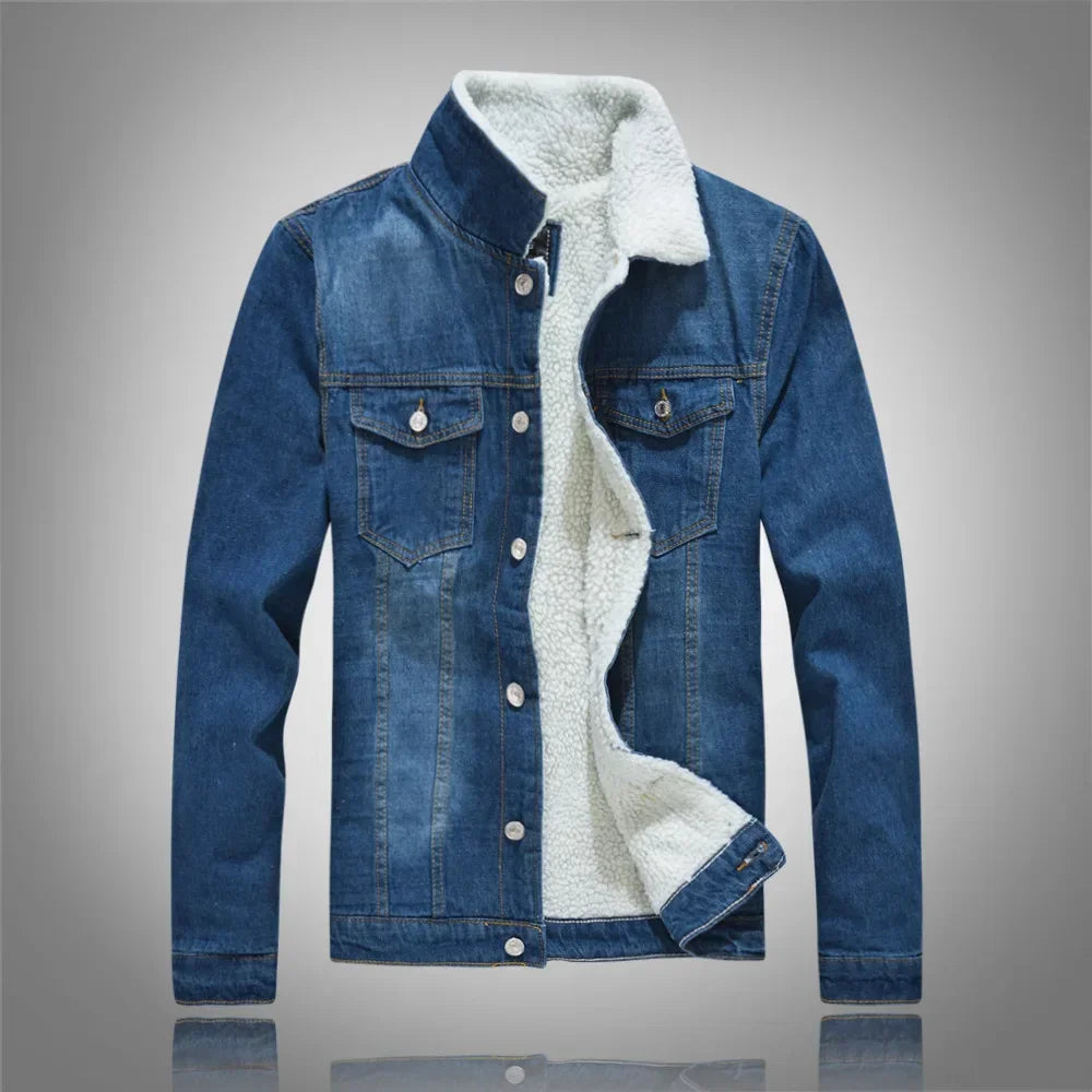 Men's Autumn Winter Solid Casual Jacket Denim Jacket Male Thickened Lamb Fleece Lined Warm Coats for Men Plus Size S-6XL
