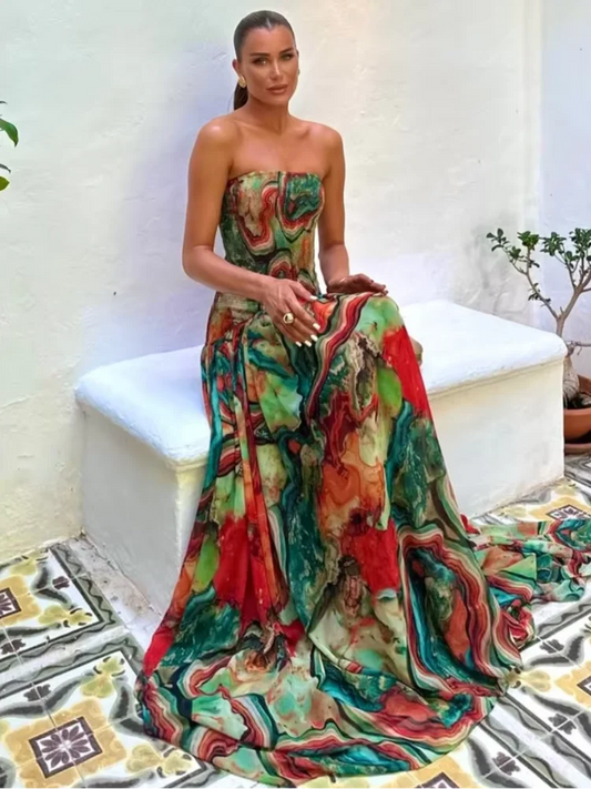 Pleated Waist Strapless Dress Women's New Printed Colorful Long Gown Elegant Fashionable Summer Vacation Party Robe 2025