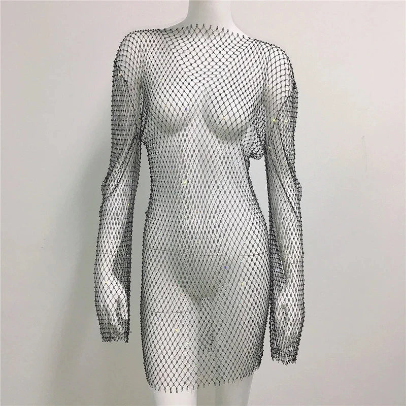 Vintage Diamond Rhinestone Summer Women Sexy Bikini Cover Up Mesh Fishnet Swimsuit Swimwear Dress Bathing Beachwear Dropshipping