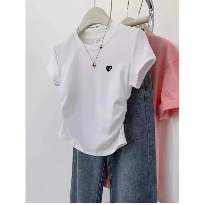 Grey Heart Embroidery Cropped Short Sleeve T-shirt Women's Summer 2024 New Design Sensibility Slims You Smooths Your Silhouette