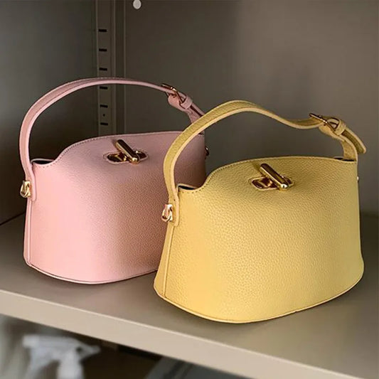 Litchi Leather Gold Button Handbag Brand Niche Fashion Simple Bucket Bag Korea Soft Pink Versatile Luxury Shoulder Bag For Women