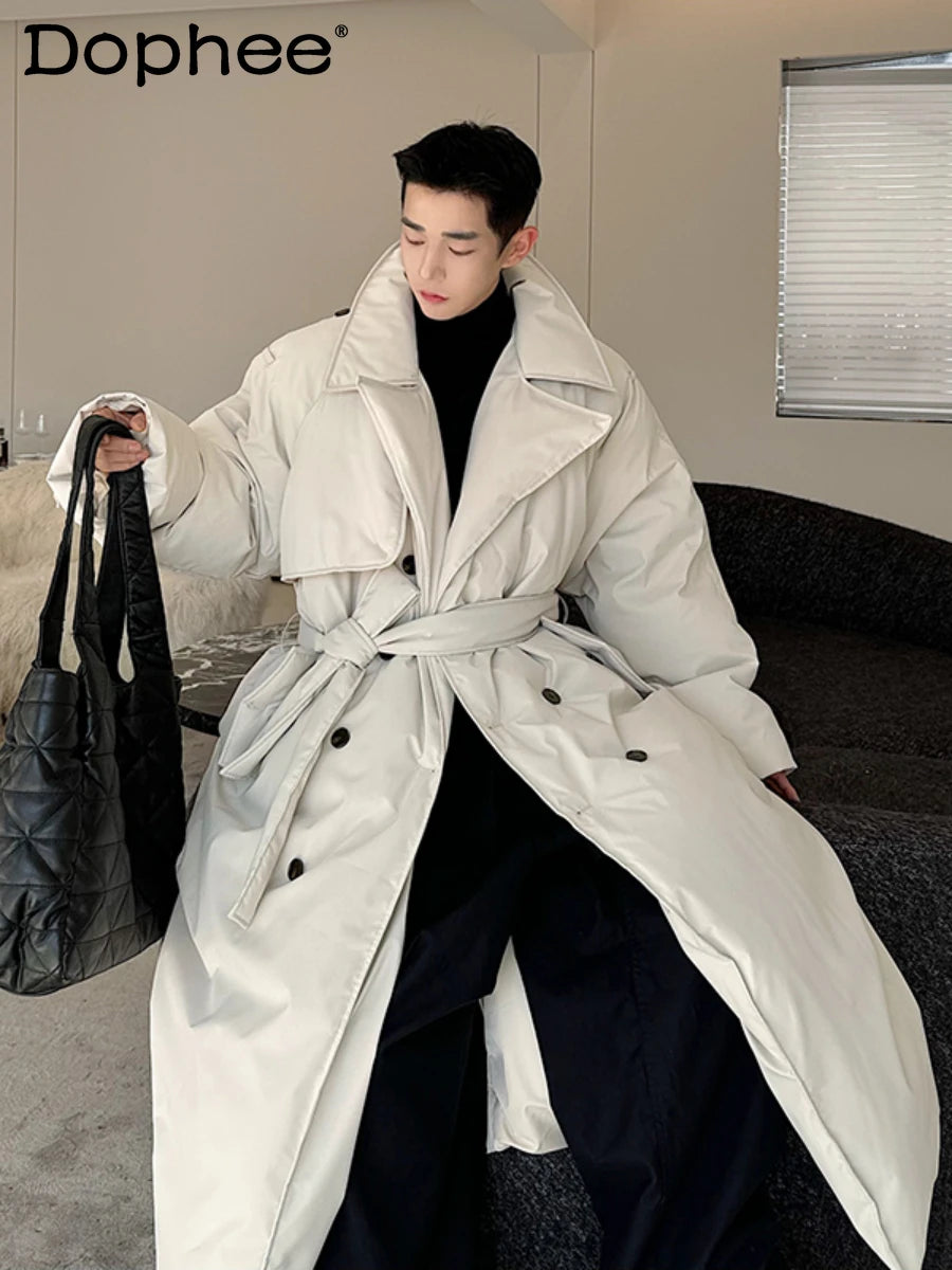 Fashionable Down Cotton-Padded Jacket Men's Trendy Winter Thickened Warm High-End Lace-up Long Overknee Long Sleeve Coats