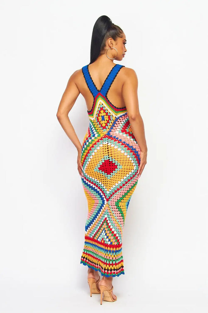 Women’s Summer Boho Handmade Crochet Maxi Dress — Colorful Racerback Knit Long Cover‑Up for Vacation & Beachwear