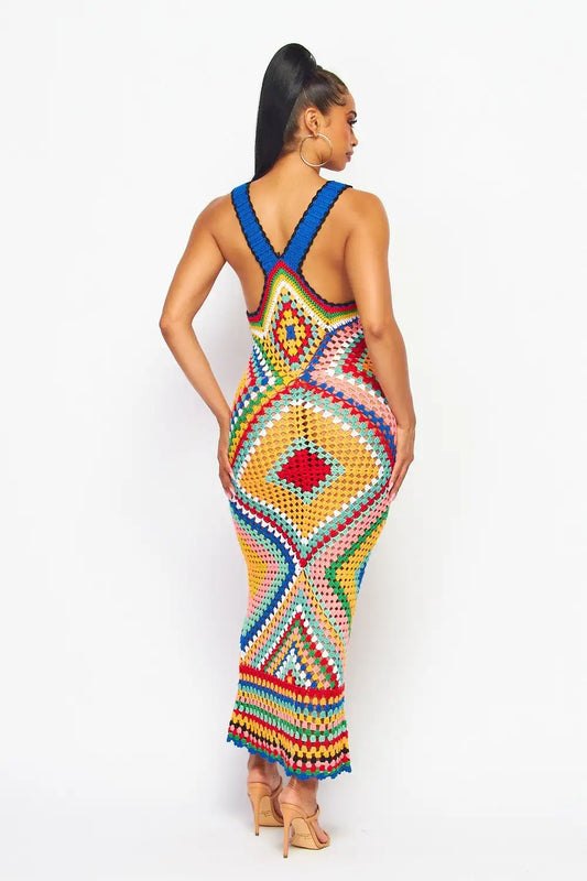 Women’s Summer Boho Handmade Crochet Maxi Dress — Colorful Racerback Knit Long Cover‑Up for Vacation & Beachwear