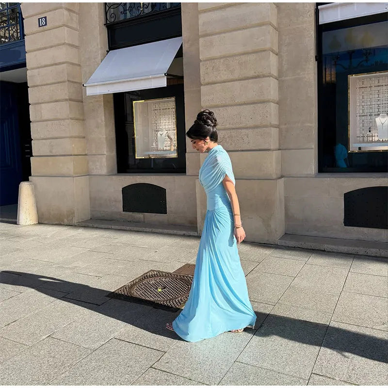 Irregular Shawl Blue Maxi Dress – Women’s 2025 Slim‑Fit Turtleneck Pleated Evening Party Dress