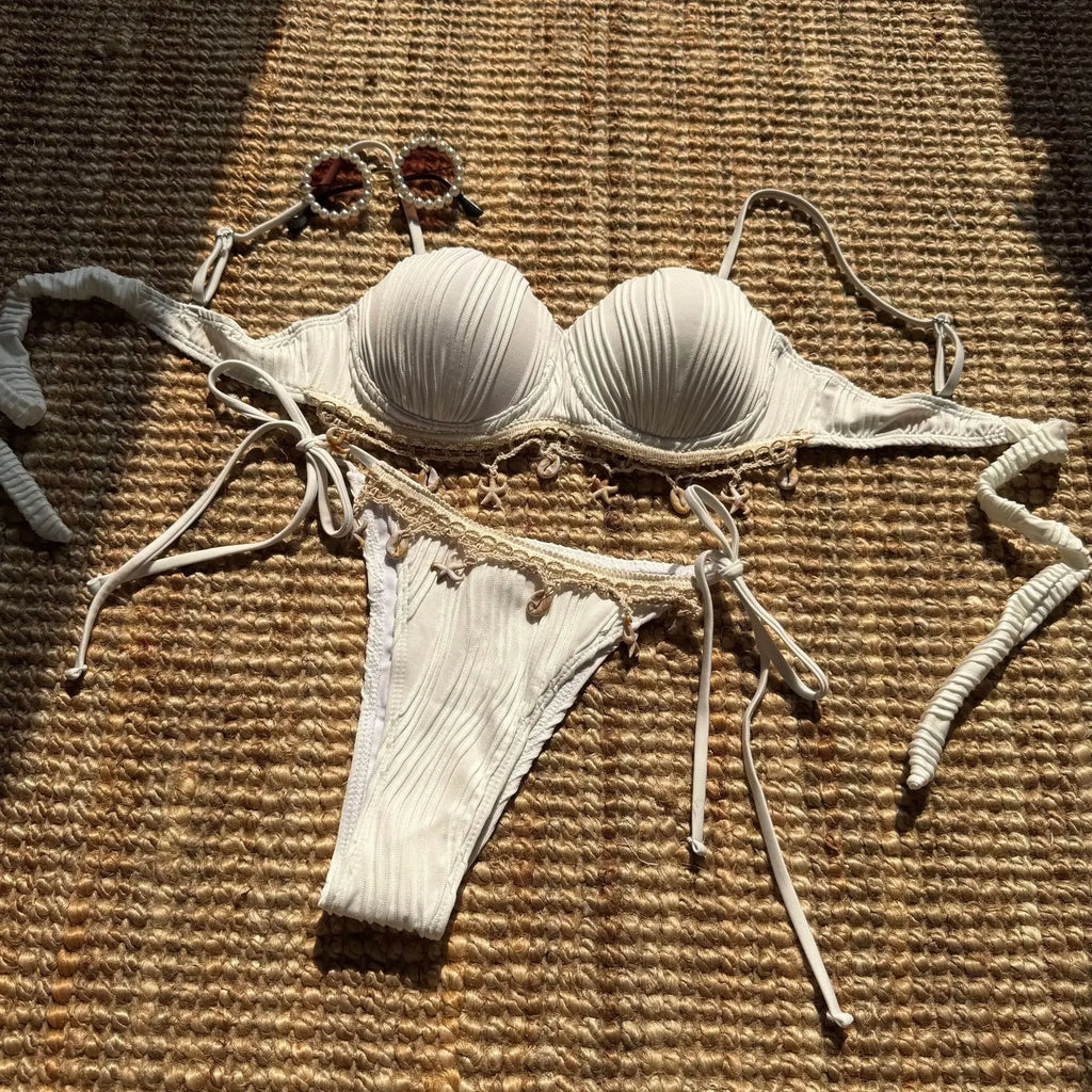 Women’s White Shell Bikini Set – Ruffled Push‑Up Underwire Thong Swimsuit with Starfish Ornaments 2025