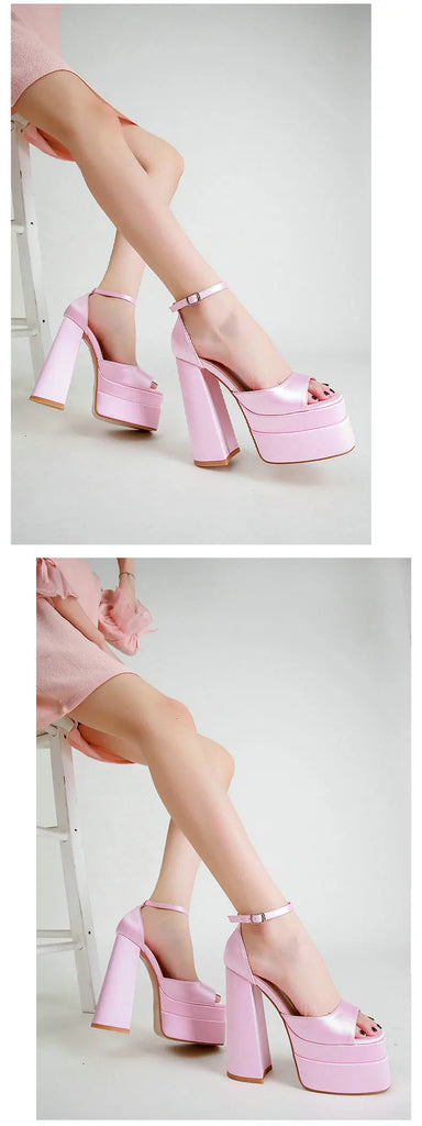Summer Square‑Head Satin High Heels