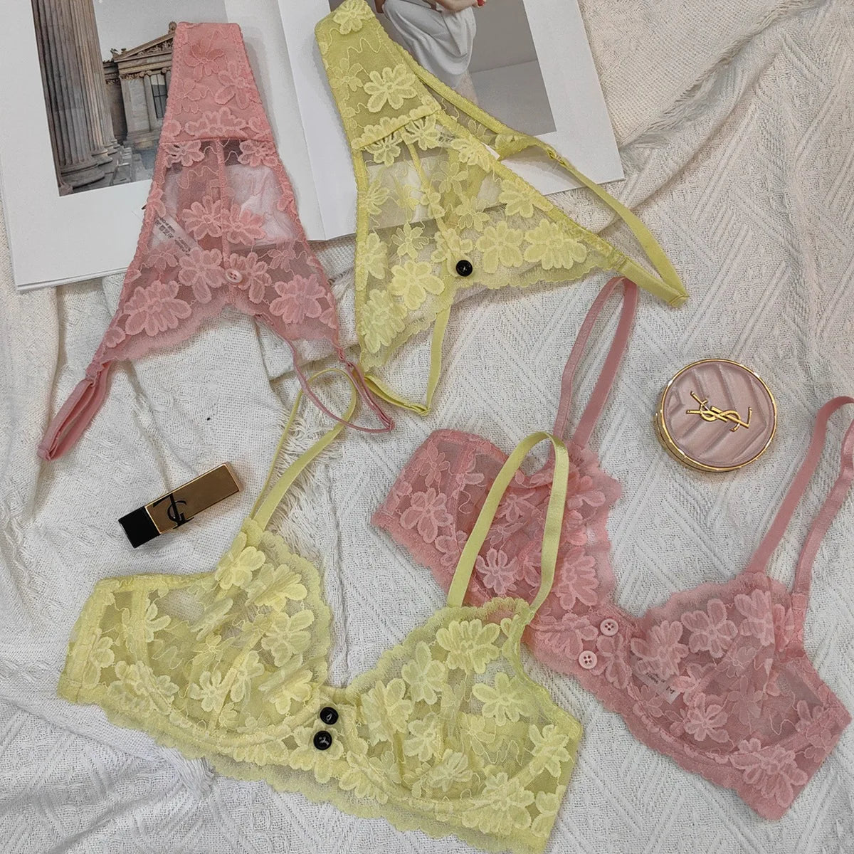 French‑Style Embroidered Transparent Lingerie Set